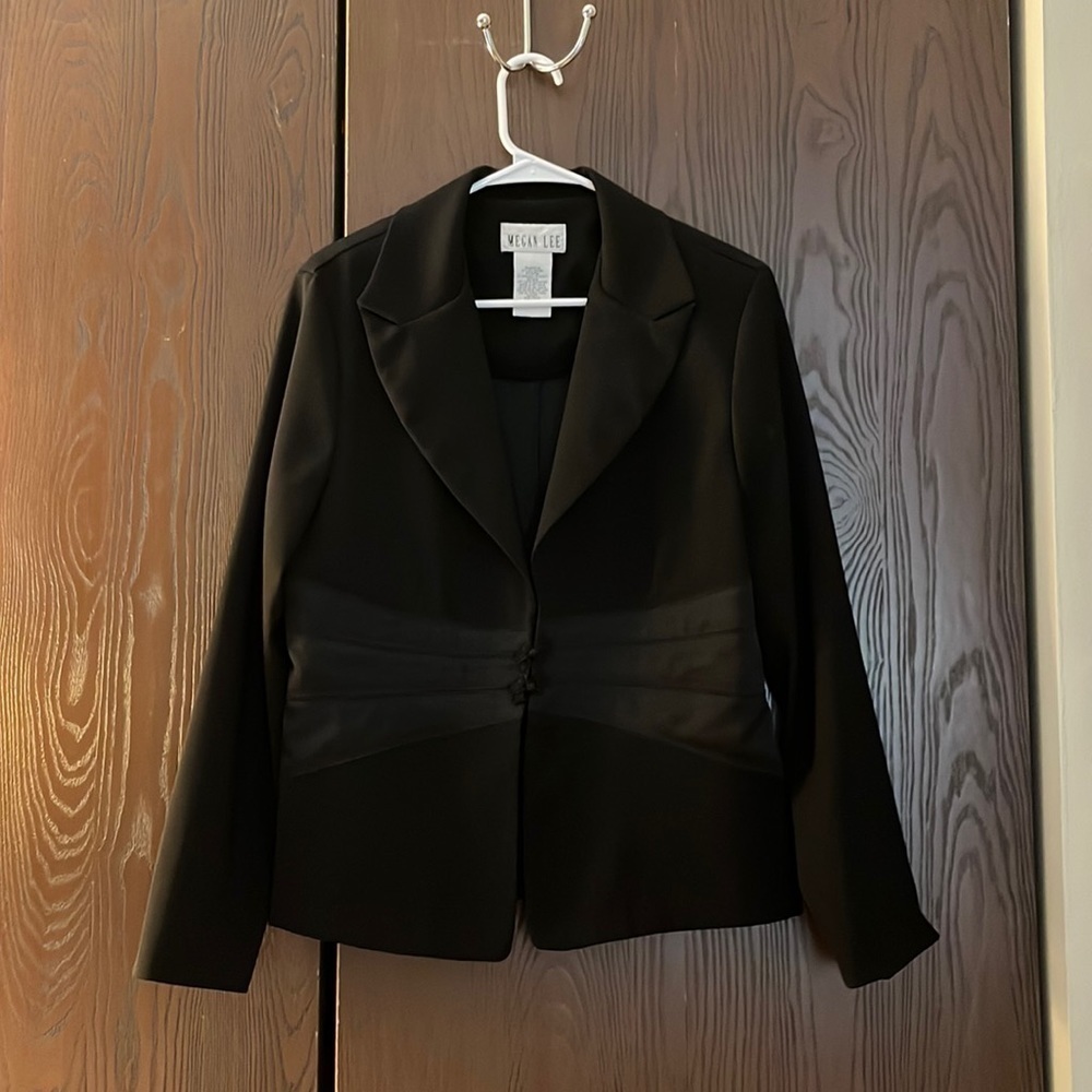 Megan Lee black dressy jacket with satin band at the waist. Size 12